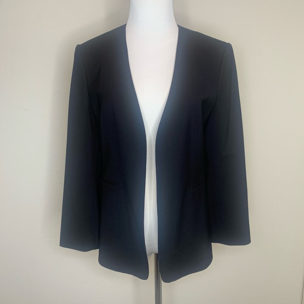 Theory Open Front Black Blazer Sz 8 Wool Blend